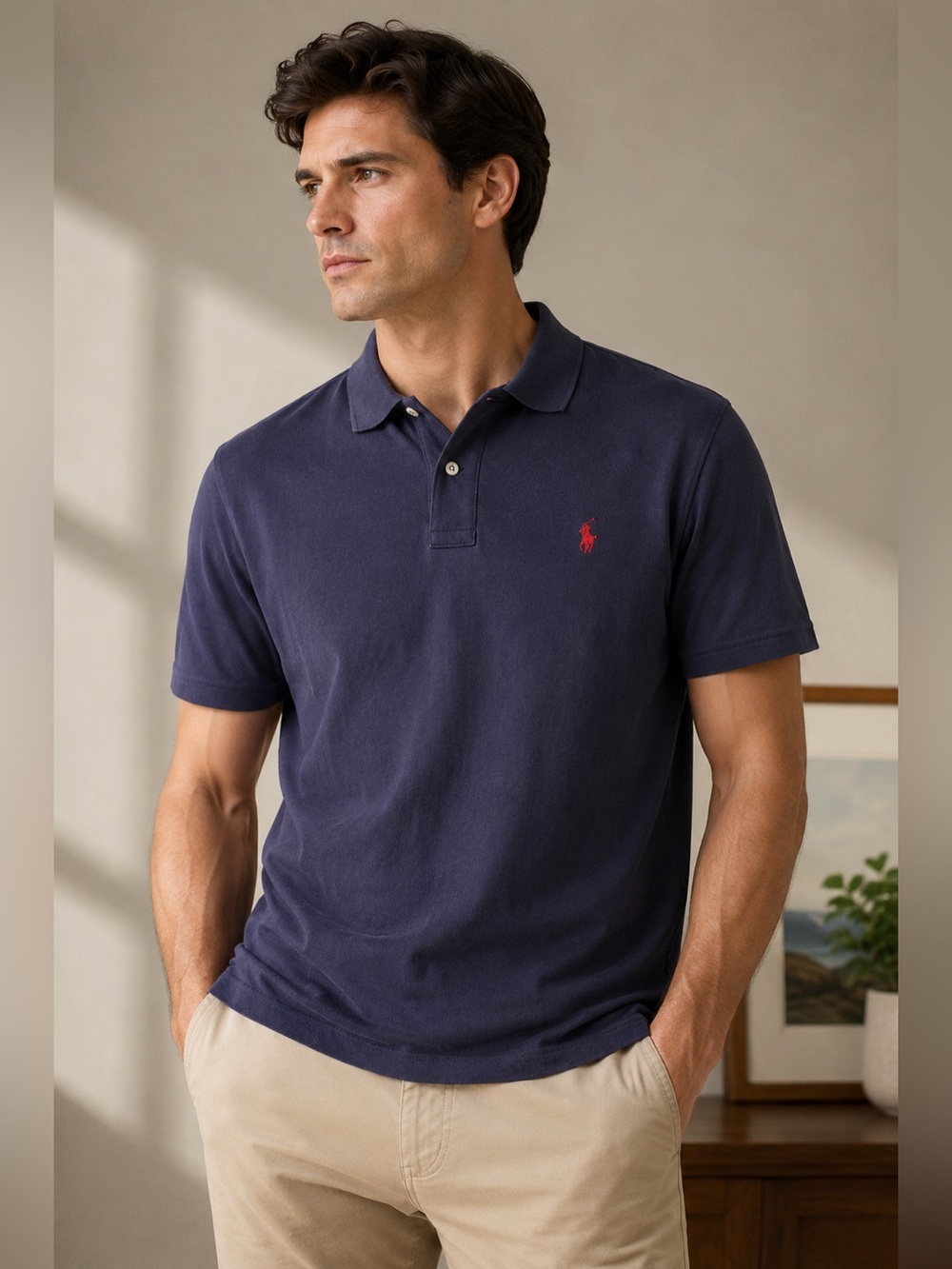 Polo Ralph Lauren Men’s Medium Navy Collared Golf Shirt, Red Logo, Classic Fit - Picture 1 of 11